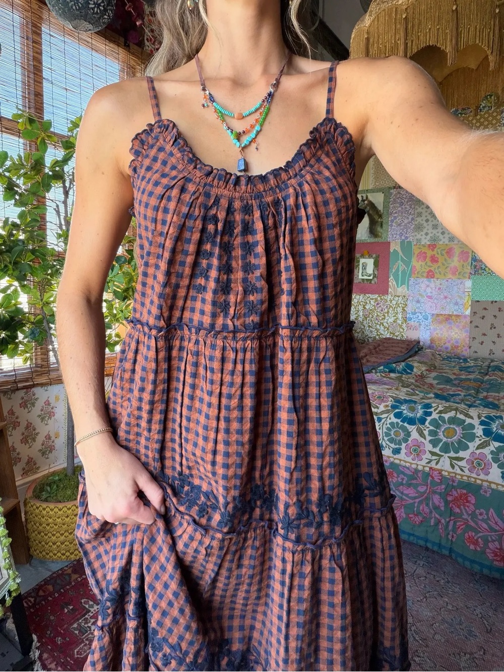 Natural Life Harley Embroidered Cotton Midi Dress Rust Gingham XS NEW WITH TAGS